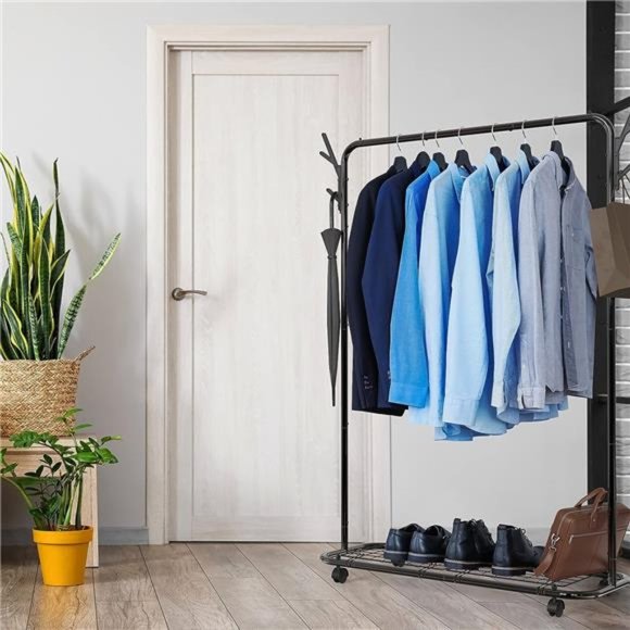 Simple Houseware Industrial Style Garment Rack With Wheels And Hooks, Black - Picture 5 of 6